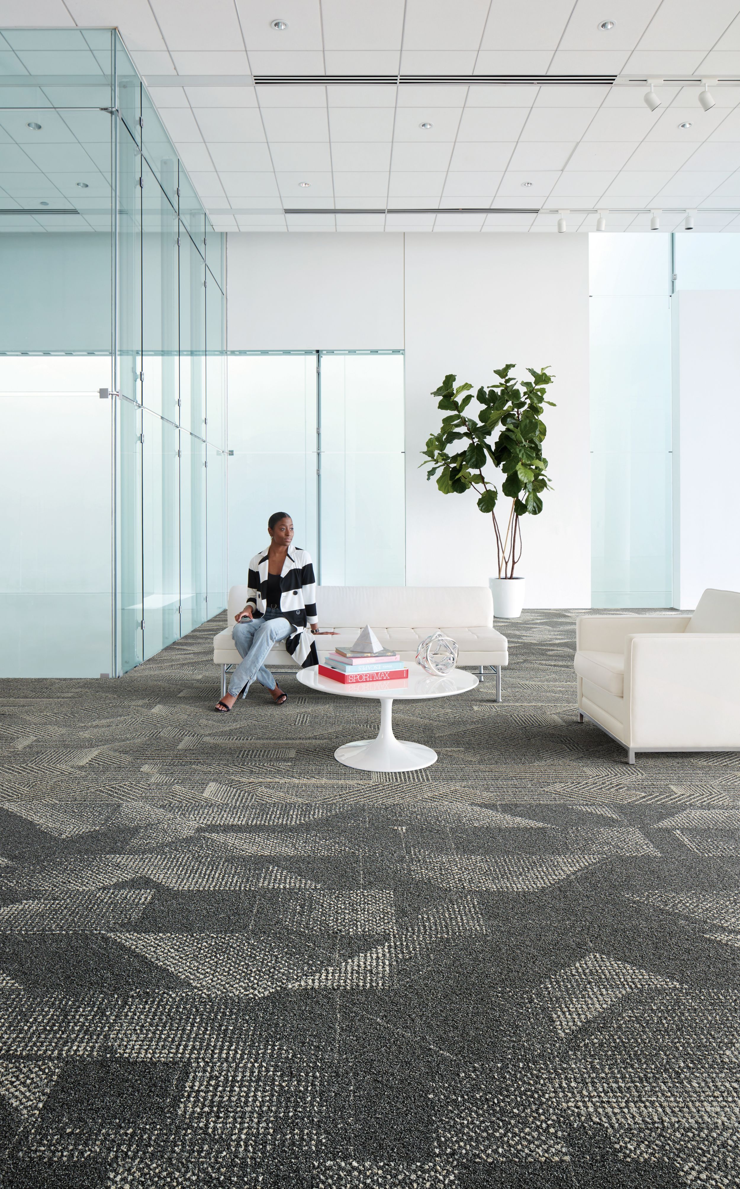 Interface Play the Angle and Spandrel plank carpet tile in seating area with women seated  image number 6